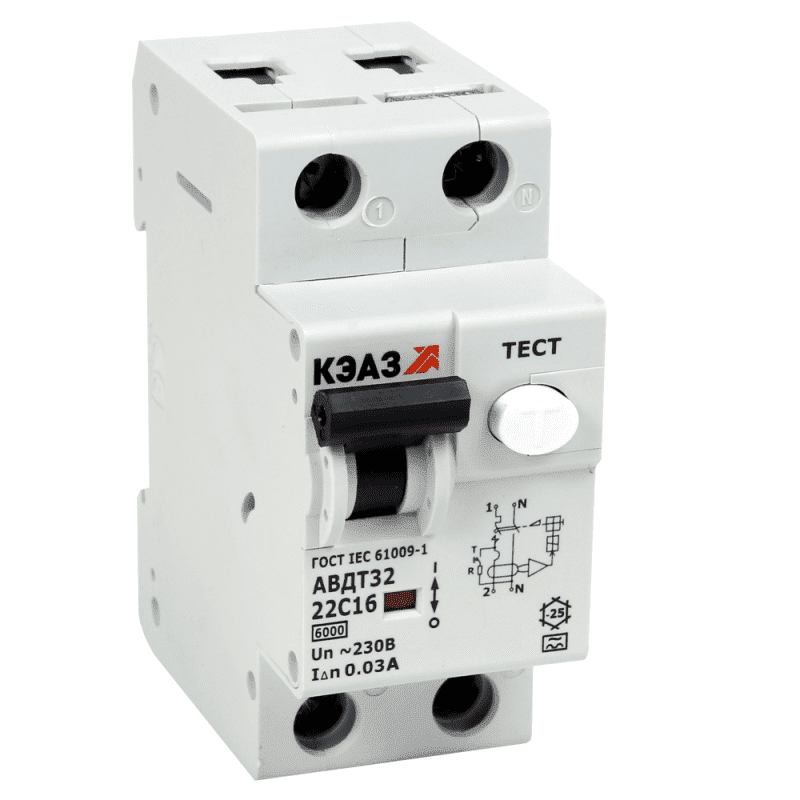 Выключатель автоматический дифференциального тока 2п C 16А 30мА тип A 6кА АВДТ32-22C16 A УХЛ4 КЭАЗ